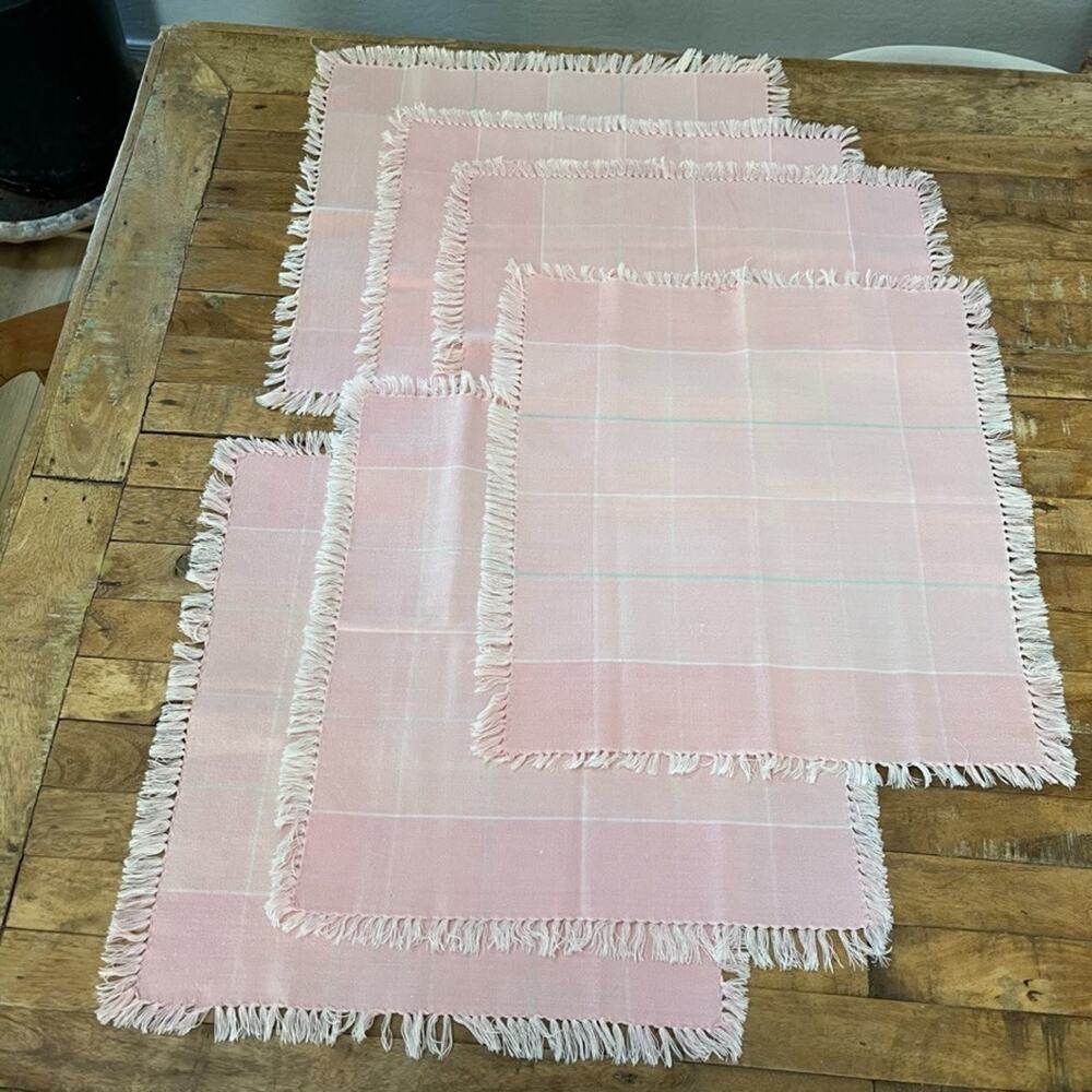 Cotton 16 x 16" Napkins w/ Fringed Edge Set of 6 Blush Pink & White Plaid